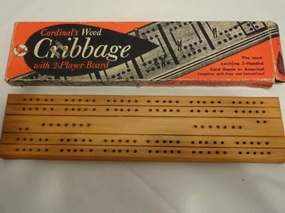 Cribbage Board Cardinal's Wood Card Game Orig Box 1 Green 1 Yellow Peg Vintage - Image 1 of 4