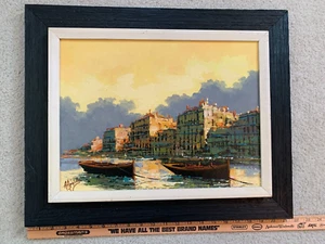 Dipinto olio vintage A. Apostoli veneziano porto italiano paesaggio urbano 21 x 17 - Foto 1 di 6
