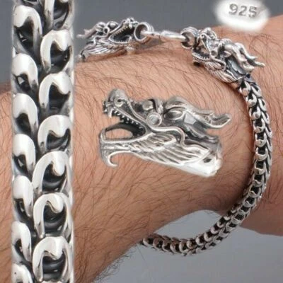 PULSERA 2 CABEZAS DRAGÓN HOMBRE MUJER PLATA DE LEY 925 7.3 7.7 8 8.5 9 9.5" Foto 1 de 4
