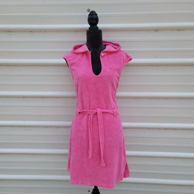 Tommy Hilfiger Women's V-Neck Coverup Dress Pink Towel Cotton Tie Hooded Sz S - Image 1 of 4