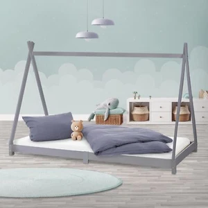 Lit tipi pour enfants indien bois massif sommier à lattes gris clair 200x90 cm - Photo 1/7