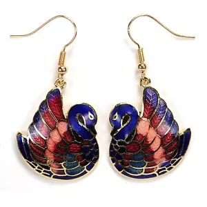 GOLD PLATED CLOISONNE SWAN EARRINGS Blue Love Birds Enamel Hand Painted Pair NEW - Picture 1 of 4
