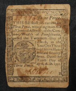 April 10, 1777 Three Pence Pennsylvania Colonial Currency - Picture 1 of 2