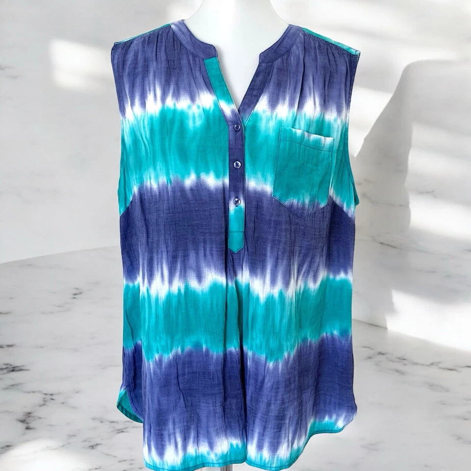 Kim Rogers Womens Blue Teal Tie Dye Sleeveless Split Neck Tank Top Rayon Plus 1X - Image 1 of 4