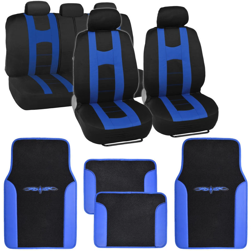 Funda de asiento para coche "Rome Sport" estilo carreras rayas negro/azul con alfombrillas de vinilo Foto 1 de 4