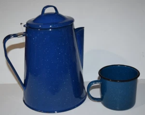 Vintage Enamel Graniteware Blue Metal Coffee Pot & Cup Speckled Large 11 " #4 - Picture 1 of 10
