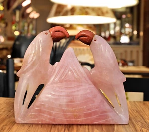Pair Of 150MM Natural Pink Rose Quartz Stone Handicraft Parrot Decorative Gift - Picture 1 of 7