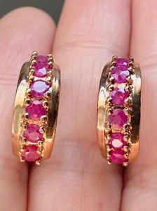 Ross Simons 925 sterling silver 14k gold vermeil genuine ruby hoop Earrings - Picture 1 of 7