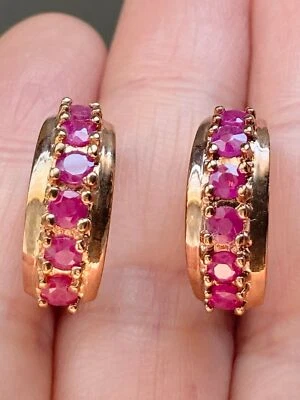 Ross Simons 925 sterling silver 14k gold vermeil genuine ruby hoop Earrings - Image 1 of 4