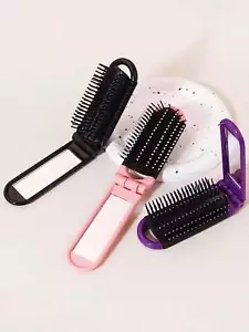 Folding Hair Brush With Mirror Travel Handbag Pocket Size Portable Handy Compact - Picture 1 of 7