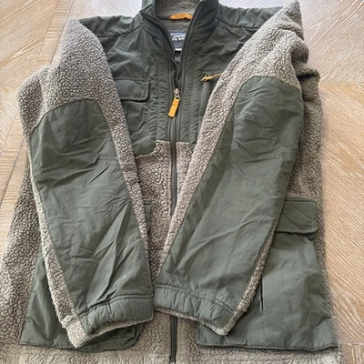 Eddie Bauer Sherpa Fleece Jacket Men’s m– Utility Nylon Panel Zip Jacket Olive - Image 1 of 4