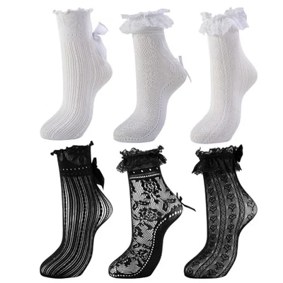 Calcetines al tobillo de encaje con volantes para mujer Calcetines de vestir Lazo de encaje Calcetín de lolita Negro  Foto 1 de 4
