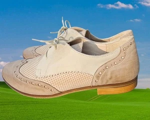Letizia Ferrari Italy Cream Suede & Leather Tomboy Oxfords Spectator Sz 39 / 8 - Picture 1 of 12