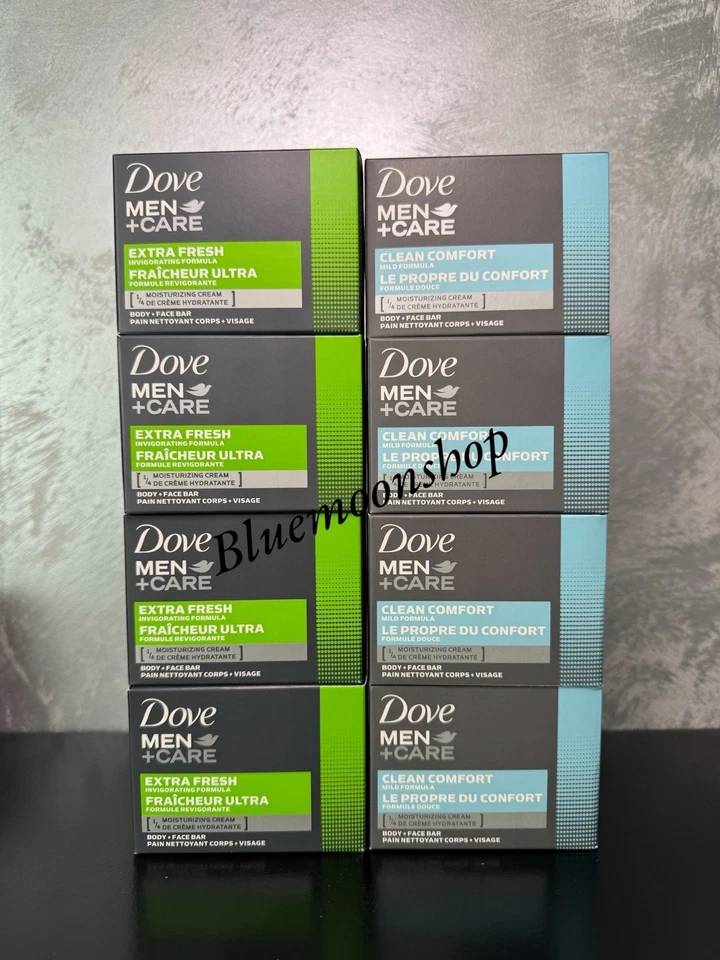 4 Bars Dove Men+ Care Clean Comfort Soap Body + Face Bar & 4 Bars Extra Fresh