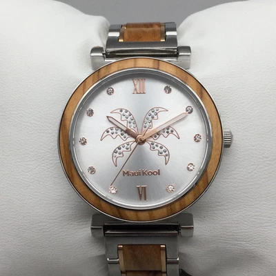 Reloj Maui Kool Paia Mujer 34mm Tono Plateado Dorado Eslabón Madera Batería Nueva 6.5" Foto 1 de 4