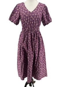 J. Crew Women's Purple Floral Puff Short Sleeve V-Neck Midi Dress Size 4 - Picture 1 of 5