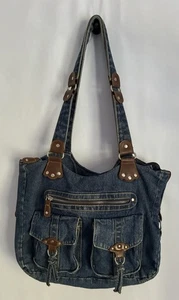 Vintage Blue Denim Tote Purse With Zipper & External Pockets  - Picture 1 of 15