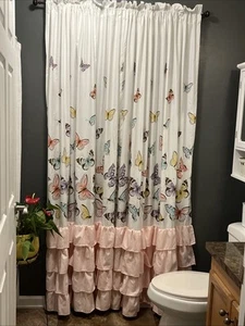 2934 Flutter Butterfly Curtains Ruffle Print Design Window Panel Set Of Two - Picture 1 of 7