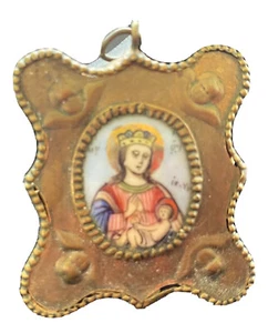 Antique Religious Icon Painting on Porcelain Mary & Christ Child - Unique Frame  - Picture 1 of 2