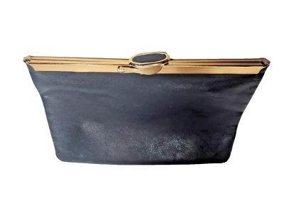 VTG Etra Leather Evening Bag Clutch Purse Navy Leather Gold Trim Hidden Chain - Image 1 of 4