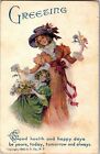  Greeting, Woman and Girl in 1800s Dress c1908 Vintage Postcard X30
