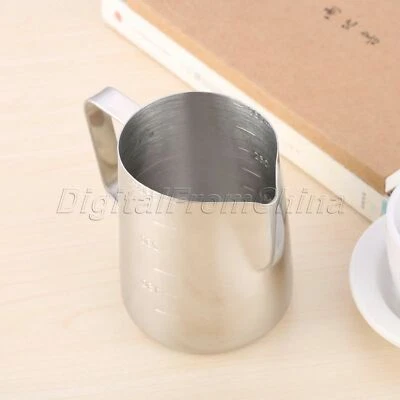 Taza de café plateada de acero inoxidable de grado alimenticio taza espuma leche latte jarra jarra Foto 1 de 4