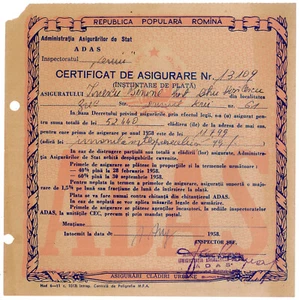 Rumänien, 1958-1961, 3 staatliche Versicherungsbescheinigungen / Zahlungshinweise - ADAS, RPR - Bild 1 von 6
