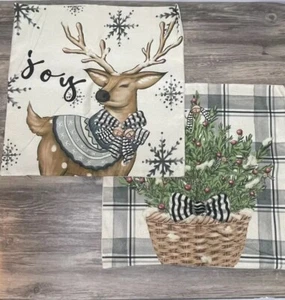 2 fundas de almohada de Navidad Joy Deer & Tree Basket Buffalo Plaid 18x18 granja - Imagen 1 de 5