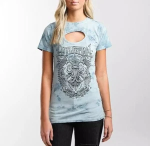Affliction Women's CORRODED Short Sleeve Scoop Peekaboo Neck T-Shirt MEDIUM NWT - Picture 1 of 5