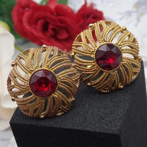 Vintage seltene runde Manschettenknöpfe rot Strass weiß goldfarben - Bild 1 von 5