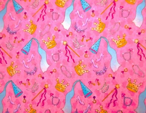 Girls Fabric By Half-Yard Princess Wand Crown Shoes Jewels Pink Cotton Vtg C - Picture 1 of 2