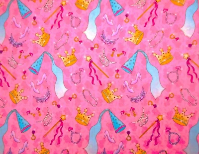 Girls Fabric By Half-Yard Princess Wand Crown Shoes Jewels Pink Cotton Vtg C - Image 1 of 2