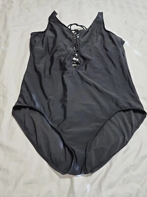 Traje de baño verde aqua 24w negro de una pieza cuello en V profundo correas ajustables  Foto 1 de 4
