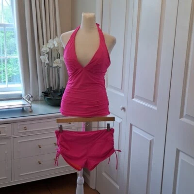 ATHLETA Womens Shirrendippity Pink Halter Tankini Set Ruched Sides/Tie Neck S-M - Image 1 of 4
