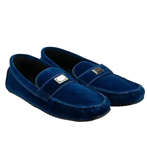DOLCE & GABBANA DG Metal Logo Velvet Moccasins Shoes PANAREA Blue 44 US 11 - Picture 1 of 7