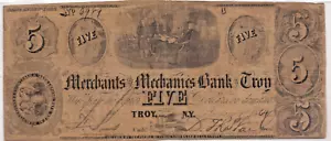 Billete de $5 de 1864 The Merchants & Mechanics Bank Troy, era de la Guerra Civil de Nueva York - Imagen 1 de 6