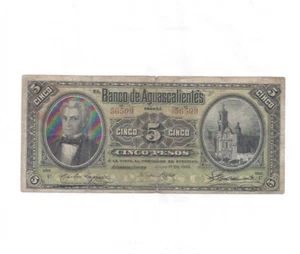 El Banco de Aguascalientes Mexico 5 Pesos 1910 Banknote G Billete Mexicano - Picture 1 of 2