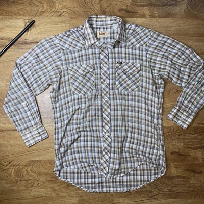 Camisa Lee De Colección Para Hombre Grande Marrón Azul Cuadros Western Pearl Snap EE. UU. AÑOS 70 Foto 1 de 4