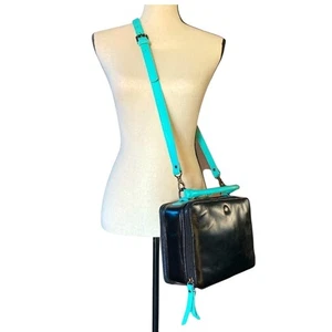Leather Crossbody Bag Purse Black Blue Top Handle Square Zip - Picture 1 of 13