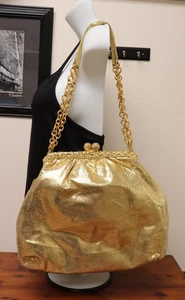 Clara Kasavina Handmade Gold Lamé Fabric XL Kiss Lock Clutch Bag Double Handle - Picture 1 of 15