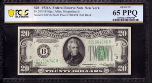 1934 A $20 FEDERAL RESERVE NOTE NEW YORK FR.2055-B PCGS B GEM 65 PPQ - Picture 1 of 2