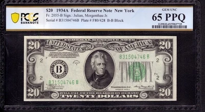 1934 A $20 FEDERAL RESERVE NOTE NEW YORK FR.2055-B PCGS B GEM 65 PPQ - Image 1 of 2
