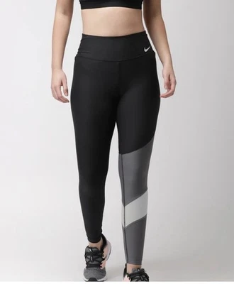 Nike Mujer 'just do it' Power Mallas Negro Gris Color Block Dri Fit Pequeño Foto 1 de 4