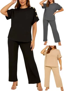 Womens Short Sleeve Shoulder Button Popcorn Textured 2 Piece Set Tracksuit - Picture 1 of 4