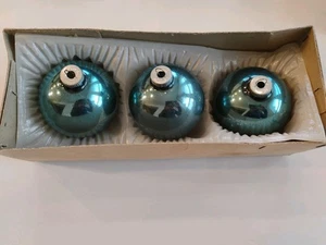 Vintage 3 Ornamenti Natalizi Vetro Soffiato Brite Blu Lucido, 3,5" Non OG Box - Foto 1 di 5