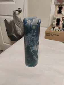 Decorative Pillar Candle/ Chunk Style Or W Embedded Elements/ Blue/ 10.5" Tall - Picture 1 of 8