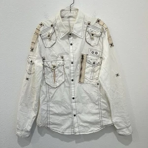 Vintage FUSAI Jeans Military Metal Snap RollTab Shirt Grunge Cyber Y2K Gr. M - Bild 1 von 13