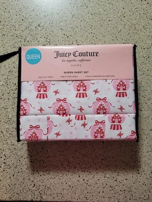 Juicy Couture 6 Piezas Reina Sábana Navidad Globo de Nieve JC Monograma Arcos Estampado Y2K Foto 1 de 4