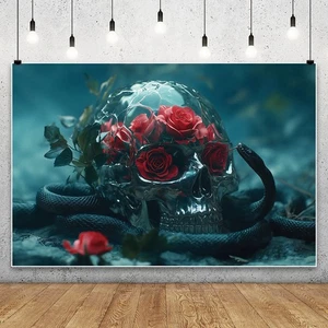 Halloween Horror Skeleton Red Rose Flower Party Backdrop Photo Background Banner - Picture 1 of 8