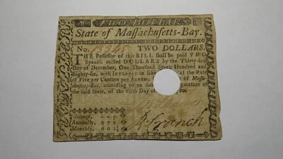 $2 1780 Massachusetts Bay MA Colonial Currency Note Bill Two Dollars Revolution - Image 1 of 2